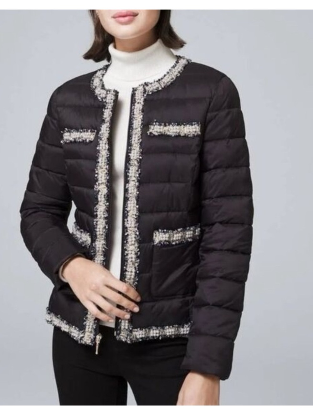 Karl Lagerfeld Black Quilted Tweed-Trim Puffer Jacket